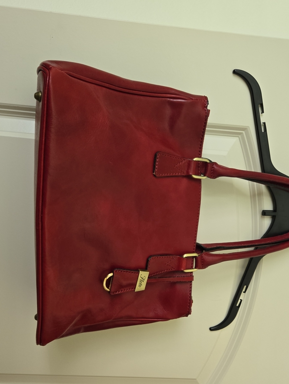 Women's Red Leather Shoulder Bag with Gold Accents